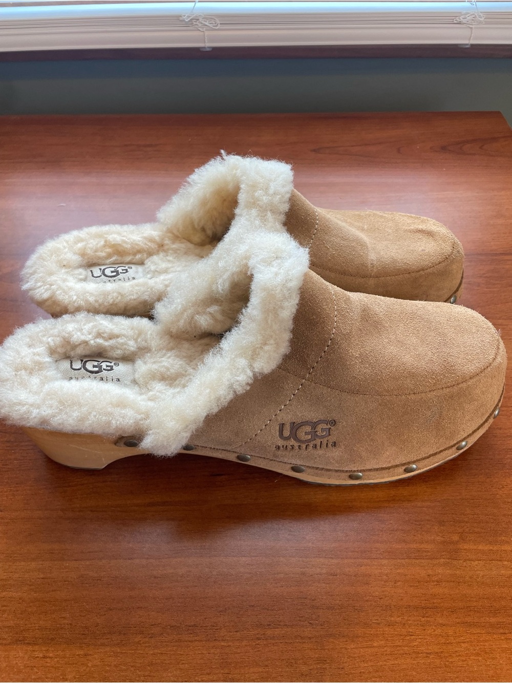 UGG Tan Suede Shearling Clog Mules